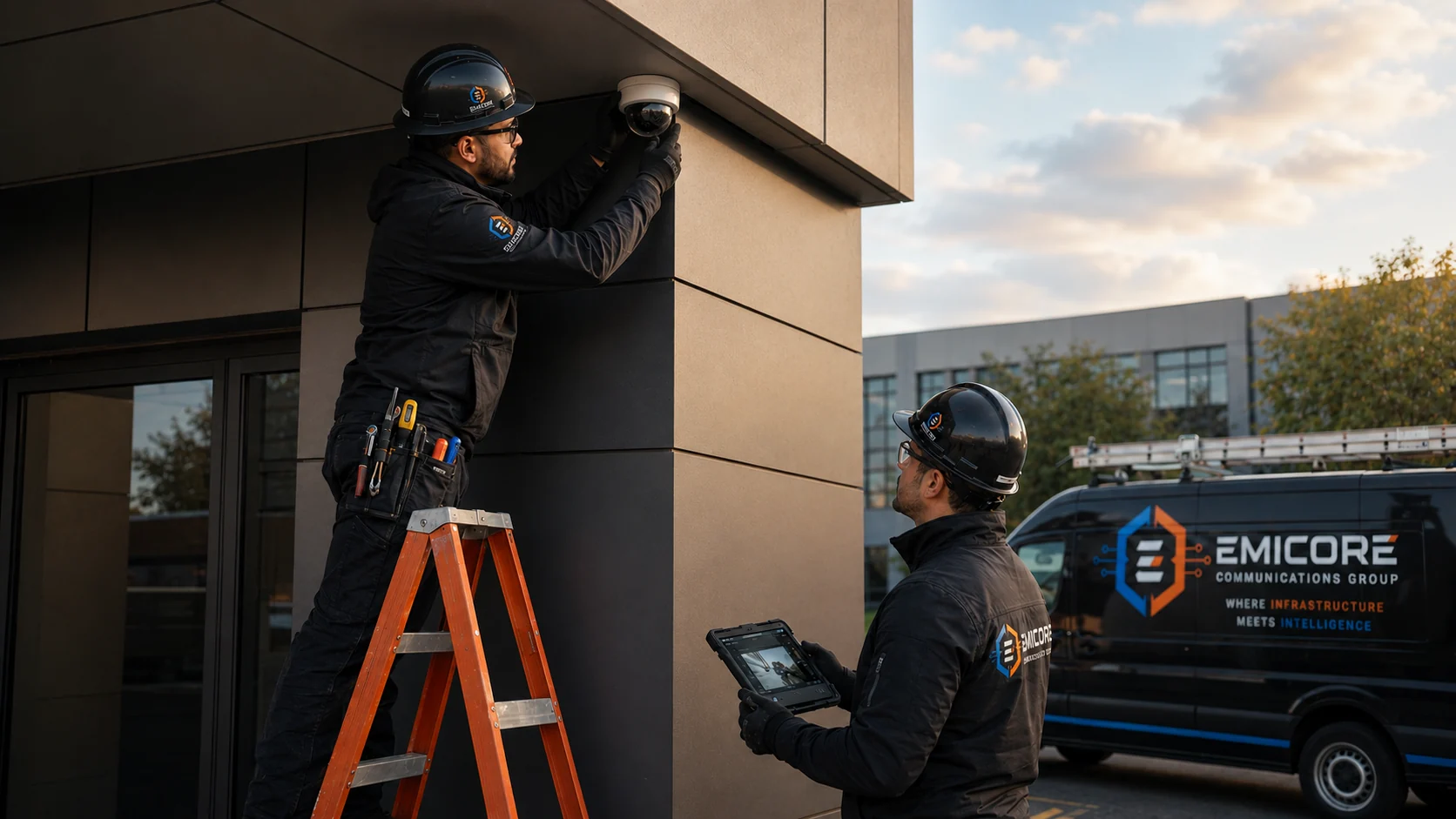 EMICORE technicians installing a dome security camera